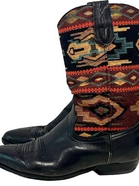 Vintage Seychelles Black Leather & Tapestry Textile Western Cowgirl Boots Sz 10